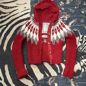 Abercrombie & Fitch Red and White Hooded Cardigan